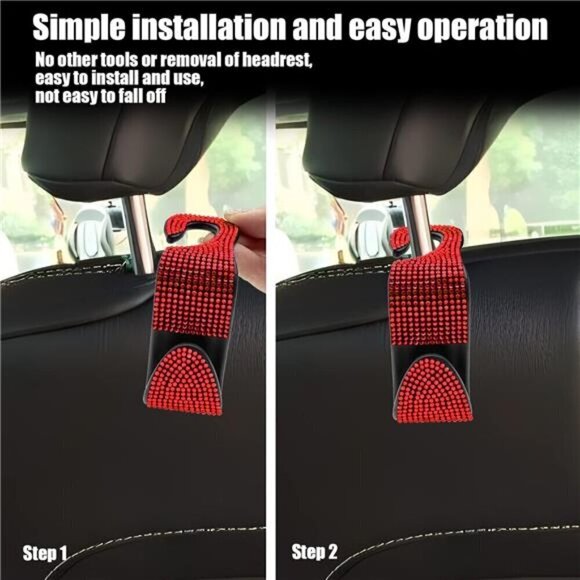 Bling Car Seat Hooks  Red (2 Pack) Bling Rhinestones Crystal Hanger Organizer - Picture 6 of 6